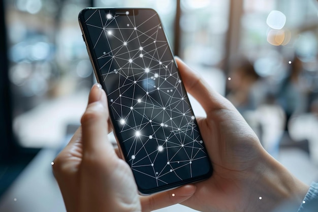 Smartphone on hand with Network dots technology created with Generative AI