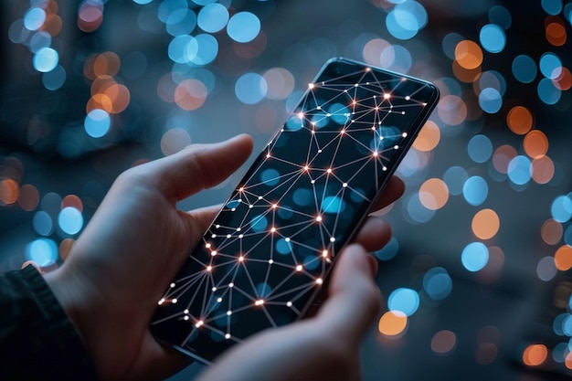 Photo smartphone on hand with network dots technology created with generative ai