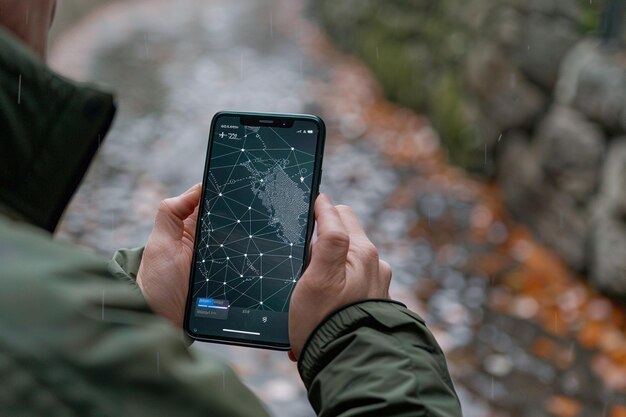 Photo smartphone on hand with network dots technology created with generative ai