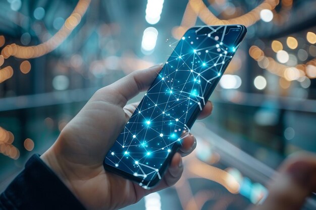 Photo smartphone on hand with network dots technology created with generative ai