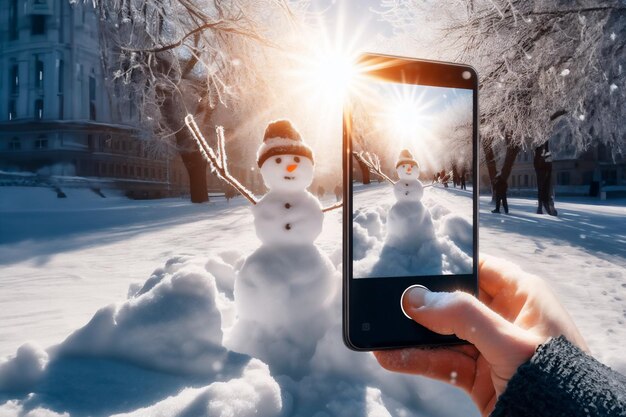 smartphone in the hands of a tourist taking a photo of a friendly snowman in a city park