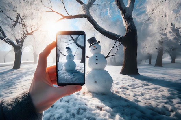 Photo smartphone in the hands of a tourist taking a photo of a friendly snowman in a city park