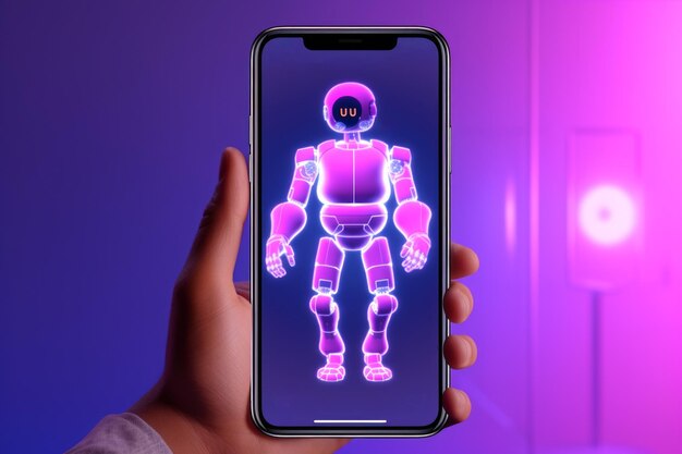 Smartphone held in closeup view with an AI robot image on the screen