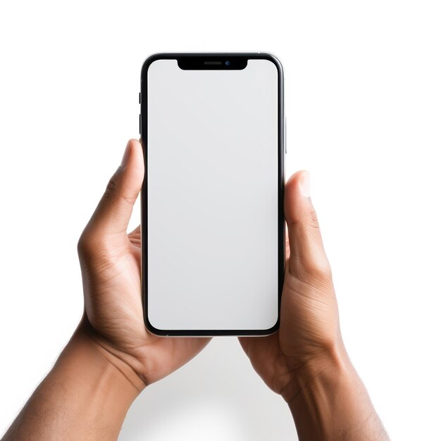 Photo smartphone holding in hand with empty screen on white background