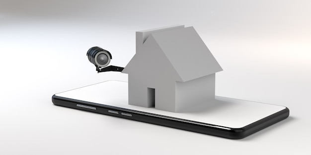 Smartphone home video surveillance concept. 3D Illustration. Banner. Copy space. App.