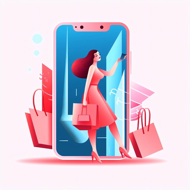 Smartphone illustration Elegant woman enjoying shopping she is carrying shopping bags mockup