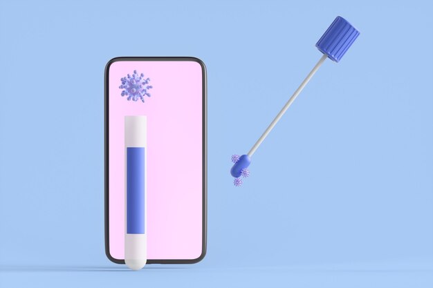 Smartphone in de buurt van de ampul van coronavirus covid-19 vaccin en PCR-test. Vaccinatieconcept. 3D-rendering illustratie