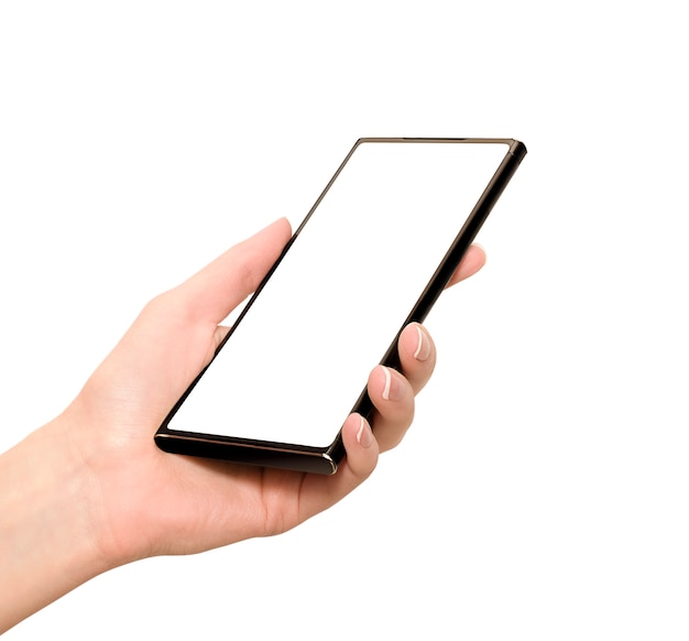 Smartphone in de hand houden met wit exemplaarruimte. geïsoleerd op een witte achtergrond