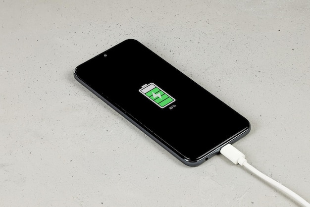 写真 スマートフォンは灰色の表面にあり、電源はusbに接続されており、画面上の充電サイン