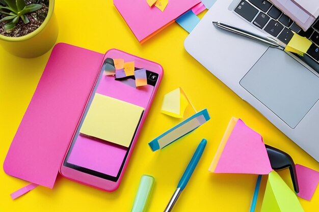 Smartphone and laptop covered in sticky notes April fools day celebration