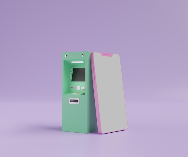 Smartphone leunt op ATM of ADM machine 3D render illustratie