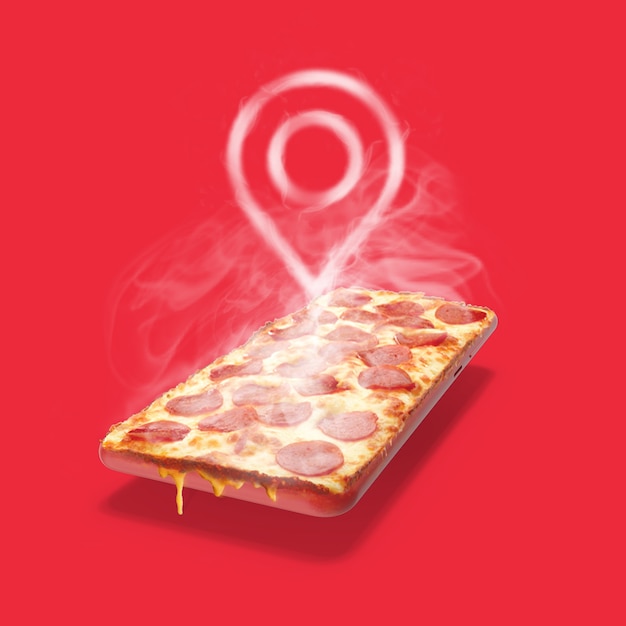 Smartphone like a pizza slice with pin smoke over on