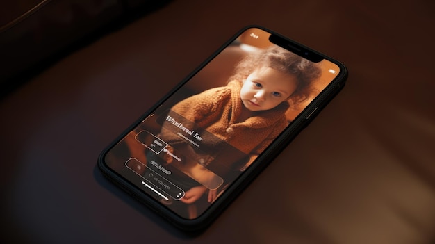 Smartphone met beschermingssymbolen op het scherm en een klein meisje als screensaver
