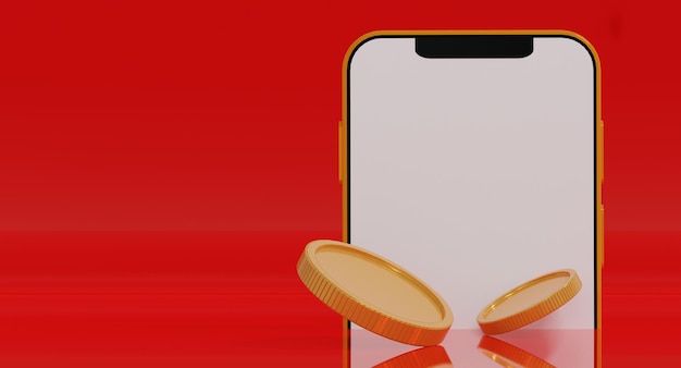 Smartphone met blanco display en munten stapel digitale portemonnee Winkelen mobiele app gouden pijlen munten Cashback en bankieren geldbesparend Mock up leeg scherm kopie ruimteIsoleren achtergrond 3D render