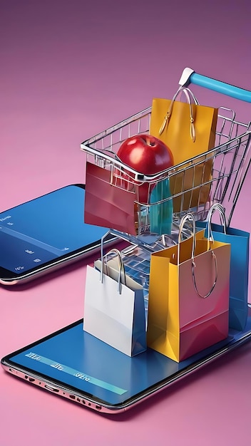 Smartphone met creditcard online aankoop winkelzak en mand e-commerce concept op blauwe achtergrond