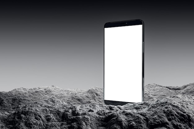 Smartphone met een leeg scherm op een gestructureerd oppervlak monochrome achtergrond concept van technologie en presentatie 3D-rendering