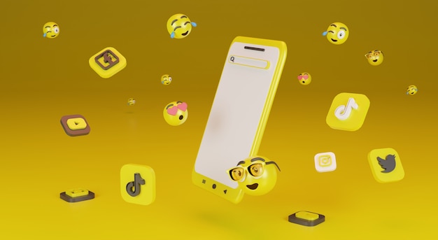 Smartphone met geel achtergrond emoji-pictogram Premium Foto's