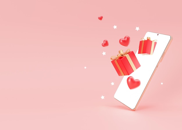 Smartphone met geschenkdozen en harten op roze achtergrond kopie ruimte Winkelen met smartphone cadeaus online kopen Valentijnsdag Moederdag of vrouwendag winkelen in internetverkoop 3D render