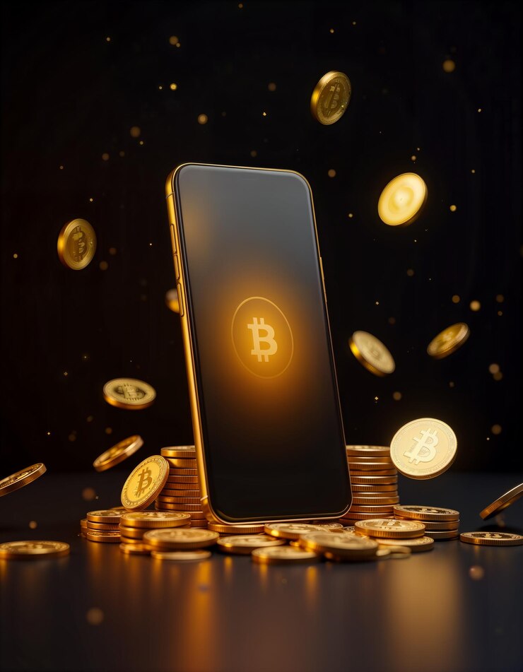 Smartphone met gloeiend bitcoin-logo omringd door gouden munten die crypto-rijkdom symboliseren