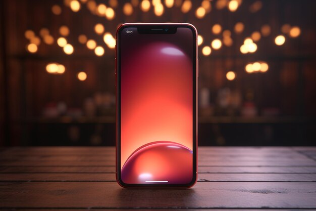 Smartphone met gloeiend scherm op kleurrijke bokeh achtergrond 3D-rendering