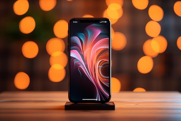 Smartphone met gloeiend scherm op kleurrijke bokeh achtergrond 3D-rendering