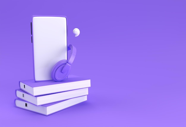 Smartphone met hoofdtelefoon voor audioboek Luister literatuur e-boeken in audioformaat Afstandsonderwijs e-learning podcast webinar tutorial 3D-rendering