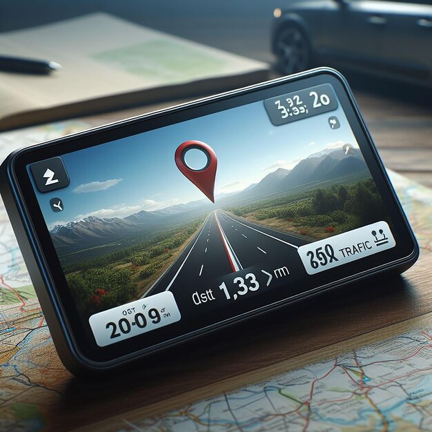 Foto smartphone met kaart 3d kaart pinnen gps navigator pinnen controlepunten