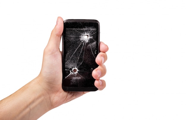 Smartphone met kogelgat op wit