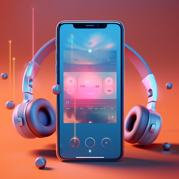 Smartphone met koptelefoon op oranje achtergrond 3D-illustratie