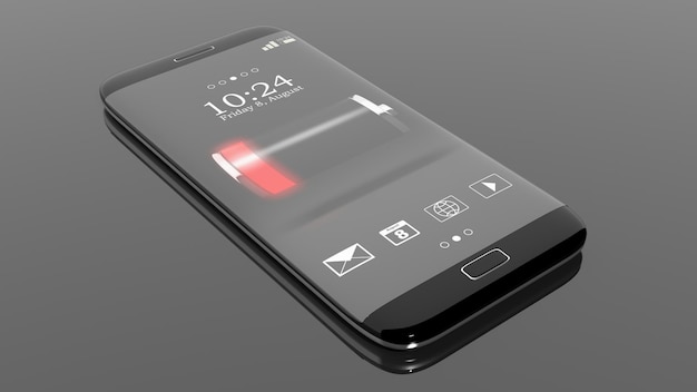 Smartphone met lage batterij-indicator op het scherm geïsoleerd op zwart