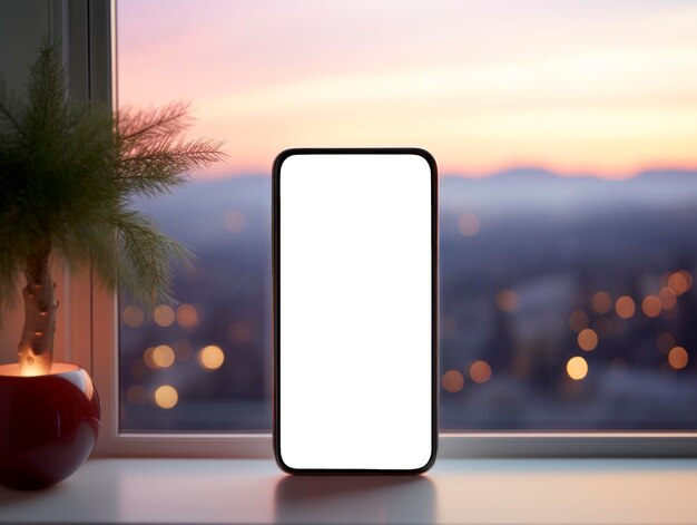 Smartphone met leeg scherm op vensterbank met wazig stadsgezicht bij zonsondergang Generatieve AI