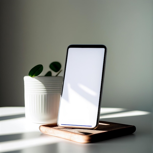 Smartphone met leeg wit scherm op een witte tafel. Smartphone mockup foto, scherm mockup