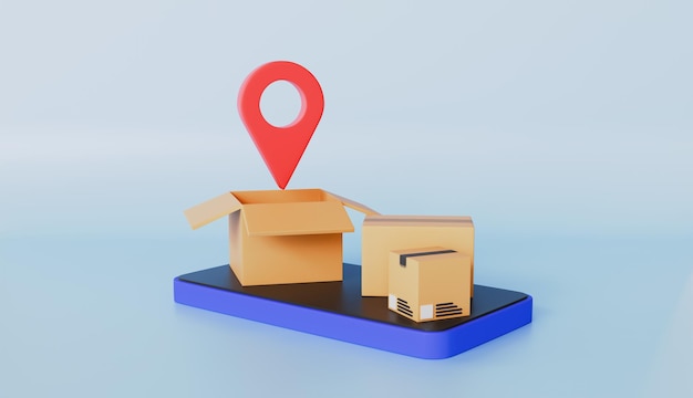 Smartphone met locatie-icon en stapel pakketten Verdeling van goederen Vervoer van pakketten