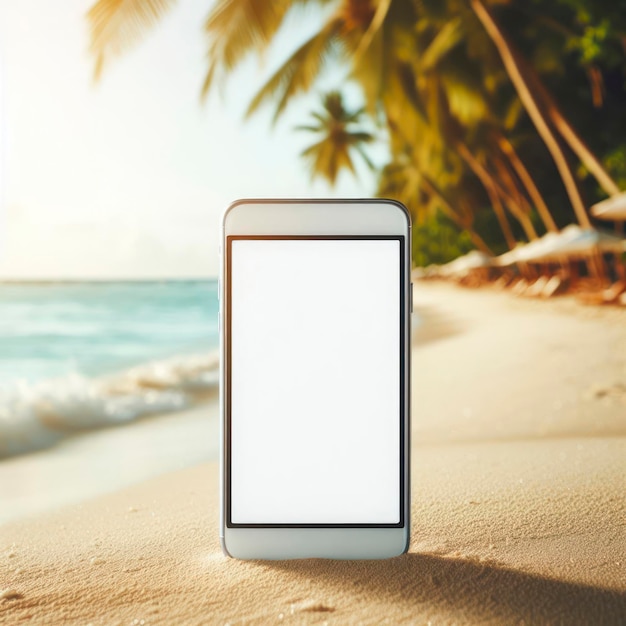 Smartphone met mockup wit scherm op zandstrand oceaan en palm bokeh achtergrond ai generatief