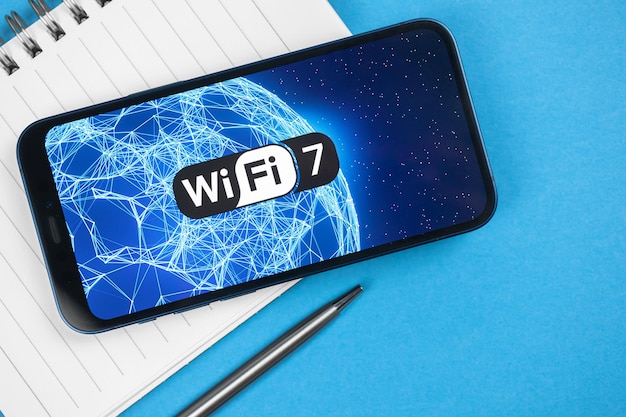 Smartphone met ondersteuning van nieuwe Wi-Fi 7 moderne technologie. Communicatie, internetverbinding concept achtergrondfoto