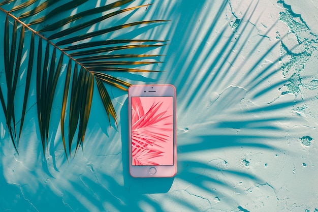 Smartphone met palmbladschaduw op blauwe achtergrond Minimaal zomerconcept