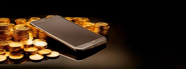 Smartphone met speelstapel gouden chips op tafel op zwarte achtergrond