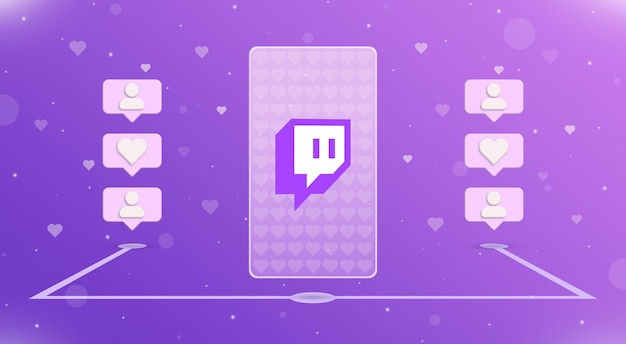 Smartphone met twitch-logo en like-meldingen aan de zijkanten 3d