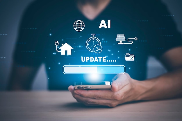 Smartphone met updatesoftware computerprogramma-upgrade zakelijke technologie internet update op virtueel scherm internet en technologieconcept laadbalk met installatie van de update