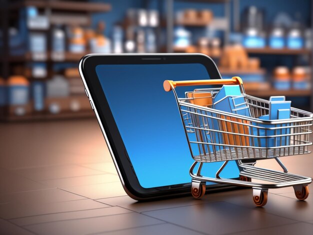 Smartphone met winkelwagentje en leeg scherm op blauwe achtergrond Online shopping deliv