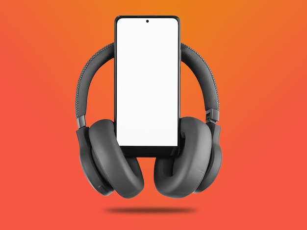 smartphone met wit scherm voor het invoegen van een logo en draadloze koptelefoon op gekleurde achtergrond