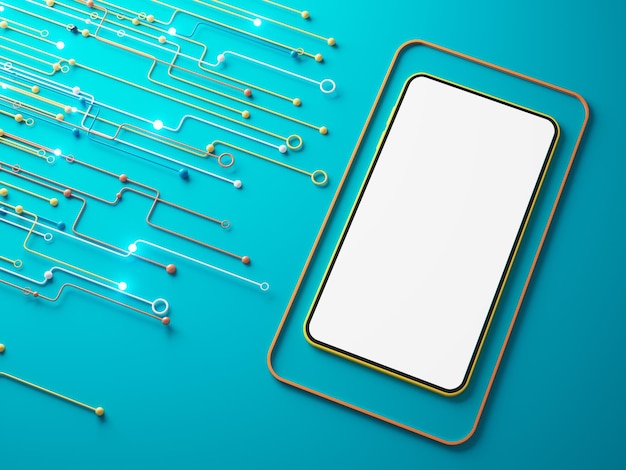 smartphone met witte kopie ruimte scherm illustratie technologie digitaal concept abstract object futuristisch bedrijf app shop sjabloon mobiele telefoon apparaat ui minimale grafische achtergrond 3D-rendering