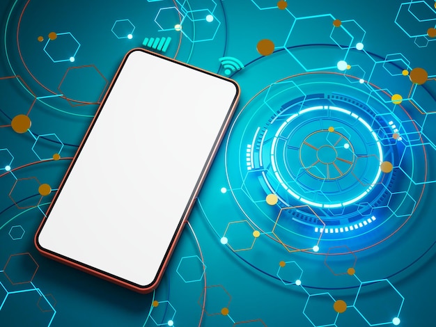 smartphone met witte kopie ruimte scherm illustratie technologie digitaal concept abstract object futuristisch bedrijf app shop sjabloon mobiele telefoon apparaat ui minimale grafische achtergrond 3D-rendering