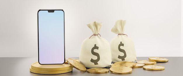 Smartphone mobile blank screen with money bag and golden coin. Image for financial business concept. 3D illustration rendering image.