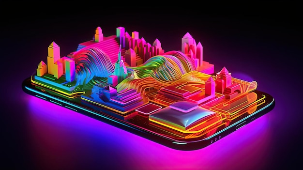 Smartphone mobile screen neon technology mobile display projected into space colorful Vibrant smartphone wallpaper