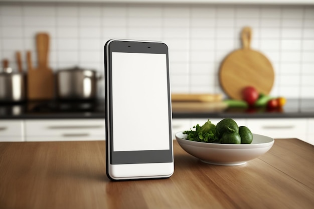 Smartphone mock up blank screen in kitchen Mobile app shopping online remote control AI generated