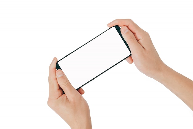 Smartphone Mock up, Hand holding mobile phone and using touching screen isolated on white background