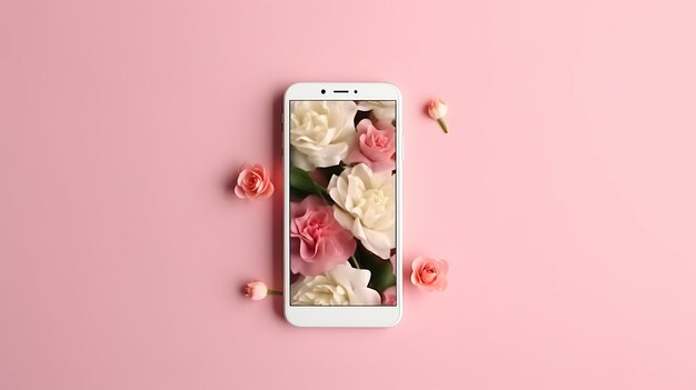 写真 ピンクのパステルの花白い花のフェミニンな春の背景にスマートフォンのモックアップ画面生成ai