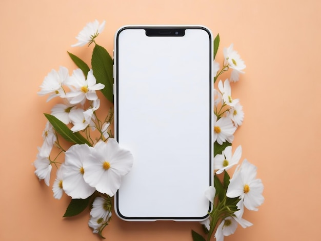 Smartphone mock up screen on pink pastel flowers white floral feminine spring background Mockup mob