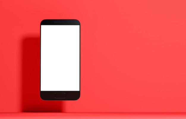 사진 스마트폰 이랑 3d는 빨간색 배경에 휴대폰의 휴대 전화 그림을 렌더링합니다.